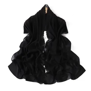 Black chiffon embroidered scarf shawl, elegant lightweight summer sun protection wrap.