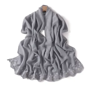 Grey floral embroidered pearly sheer scarf shawl elegant sun protection neck wrap for women