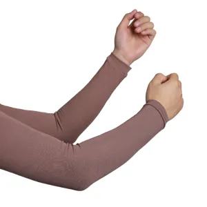 Close-up view of solid color ribbed sun protection arm sleeves worn on arms for outdoor use.