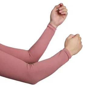 Close-up detail of soft ribbed pink arm sleeves, comfortable sun protection wear.