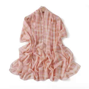 Summer pink plaid chiffon scarf shawl for women, breathable lightweight neck wrap for beach.