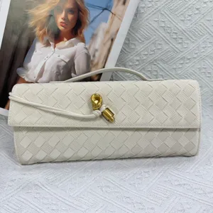 White woven clutch bag with gold knot hardware, elegant evening bag for women and girls.