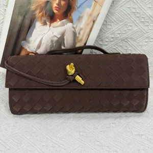 Woven leather clutch bag for women, elegant brown evening handbag with retro knot hardware.