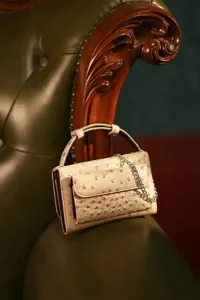 Luxury ostrich pattern baguette underarm bag for women, chic flap shoulder bag with chain.