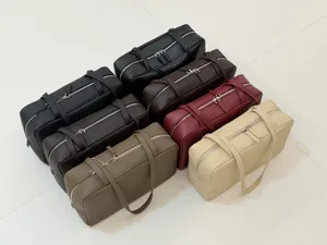 Leather bowling boston bag, large capacity soft sheepskin shoulder handbag detail view.