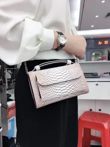 Pink gradient snakeskin pattern flap shoulder bag with metal chain and top handle for women