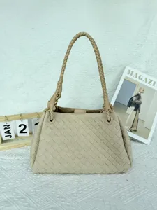 Beige woven leather shoulder bag, stylish vintage handmade large capacity tote bag for women.