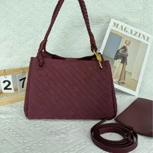 Burgundy woven suede shoulder bag for women, stylish retro large capacity hobo handbag.