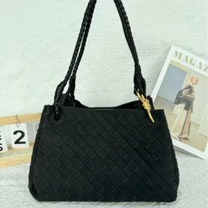 Black suede woven shoulder bag for women, retro large capacity handbag with braided handles