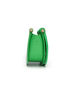 Vue détail profil latéral sac à main en cuir vert, élégant et luxueux accent en métal