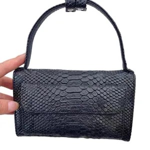 Black snakeskin texture handbag for women, elegant fashion top handle shoulder bag purse.