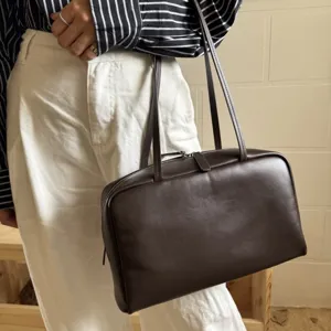 Dark brown leather bowling bag chic minimalist shoulder tote large capacity Boston handbag