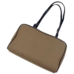 Brown canvas bowling bag, classic women shoulder underarm boston handbag with leather trim.
