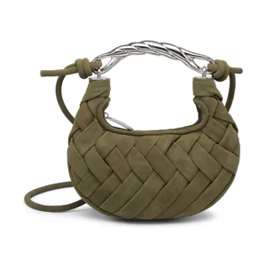 Green woven mini handbag featuring a distinctive silver twisted metal handle and dumpling shape.