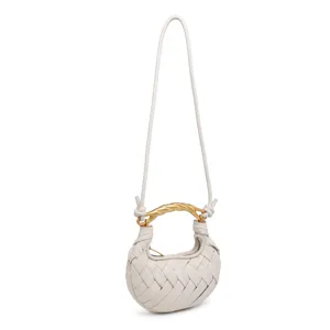 Mini woven leather crossbody bag with distinctive gold handle, stylish everyday purse.