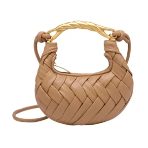 Mini woven leather dumpling crossbody bag with luxury gold twisted metal handle for women