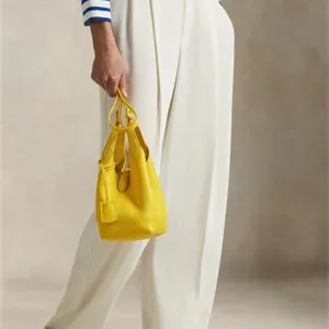 Yellow leather bucket bag handbag for women, elegant top layer cowhide everyday casual purse.