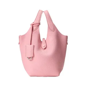 Pink leather bucket bag top grain cowhide handbag classic bucket tote style for women daily use.