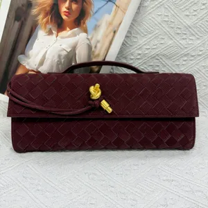 Burgundy woven leather clutch bag for women, chic evening bag with stylish metal knot closure.