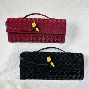 Woven baguette bag retro evening clutch fashion all-match long handbag with gold knot latch
