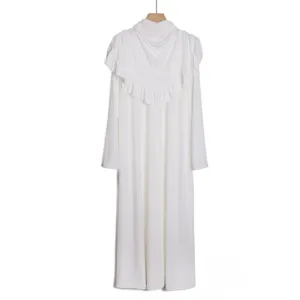 Elegant white long sleeve pleated maxi dress featuring an integrated hijab headscarf.