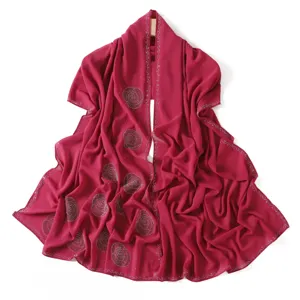 Detailed view of hot drill chiffon long scarf elegant rhinestone design rose pattern fabric texture