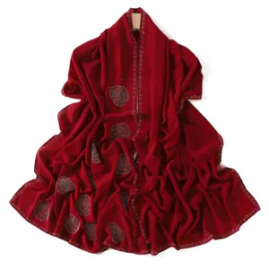 Elegant red chiffon hijab shawl with rhinestone rose patterns and sparkling crystal borders.
