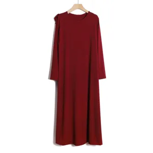 Long sleeve solid burgundy maxi dress with attached hijab style for women casual daily wear.