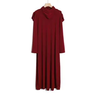 Red long sleeve hooded maxi dress, casual solid color pullover long robe for women.
