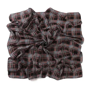 Close-up detail view of vintage British style plaid chiffon square scarf with dark brown tones.