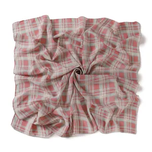 Vintage British style plaid large square scarf, elegant chiffon printed shawl and wrap for women.