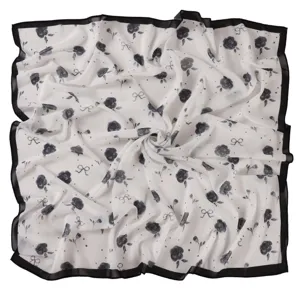 Chic white square chiffon scarf with black floral and bow print, elegant neckerchief wrap.