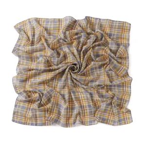 Retro British style plaid chiffon square scarf, lightweight women headscarf and elegant shawl.