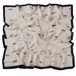 Elegant polka dot bow print chiffon square scarf, black border, stylish hijab or neck scarf.