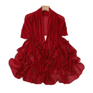 Red starry rhinestones stretch mesh shawl detail, elegant sheer scarf for summer air conditioning.