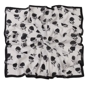 Black and white floral print square scarf with black border, elegant chiffon neck scarf.