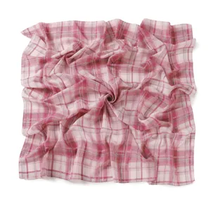 Retro British pink plaid chiffon square scarf elegant women hair band neckerchief shawl