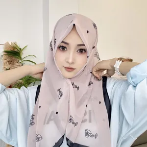Pañuelo hijab cuadrado de gasa con estampado de rosa y corazón dulce coreano, tocado elegante.