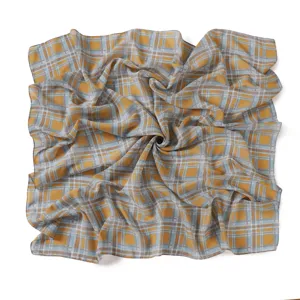 Retro British style plaid chiffon square scarf, elegant blue and yellow tartan print design.