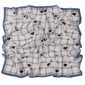 Chic grid square scarf with black heart print, lightweight chiffon neckerchief for women.
