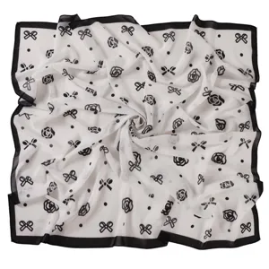 Black and white bow and rose print chiffon square scarf, elegant neckerchief and hair accessory.