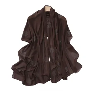 Brown chiffon scarf with rhinestone polka dots, elegant long shawl for women versatile styling.