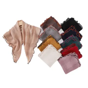 Pleated solid color square scarf with lettuce edge women neckerchief fashion chic kerchief