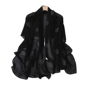 Black chiffon rhinestone polka dot scarf detail, elegant long shawl wrap for women.