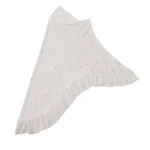 Detail view of white swallowtail headscarf featuring scattered rhinestones and ruffled hem.