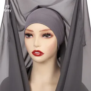 Solid color chiffon hijab undercap magnetic buckle three piece set grey fashion accessory