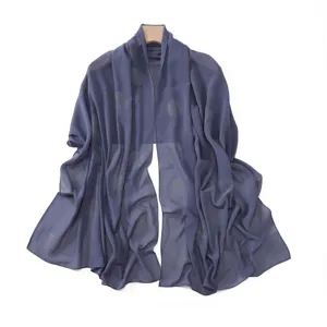 Elegant women's blue-grey chiffon shawl with sparkling hotfix rhinestone polka dots, versatile.