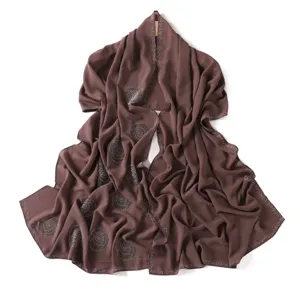 Elegant solid color chiffon scarf with rhinestones, lightweight long shawl and hijab wrap.