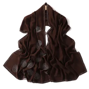 Dark brown chiffon scarf with rhinestone rose pattern, elegant long hijab for women daily wear.