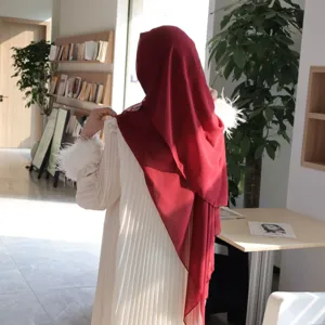 Solid color pearl chiffon long scarf set with matching inner cap and pleated dress detail view.